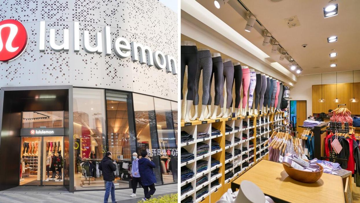 The exterior of a Lululemon store. Right: Leggings and clothes in a Lululemon store.