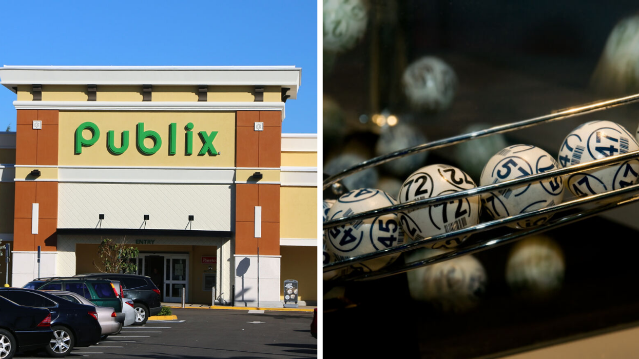 The exterior of a Publix. Right: Lottery balls.