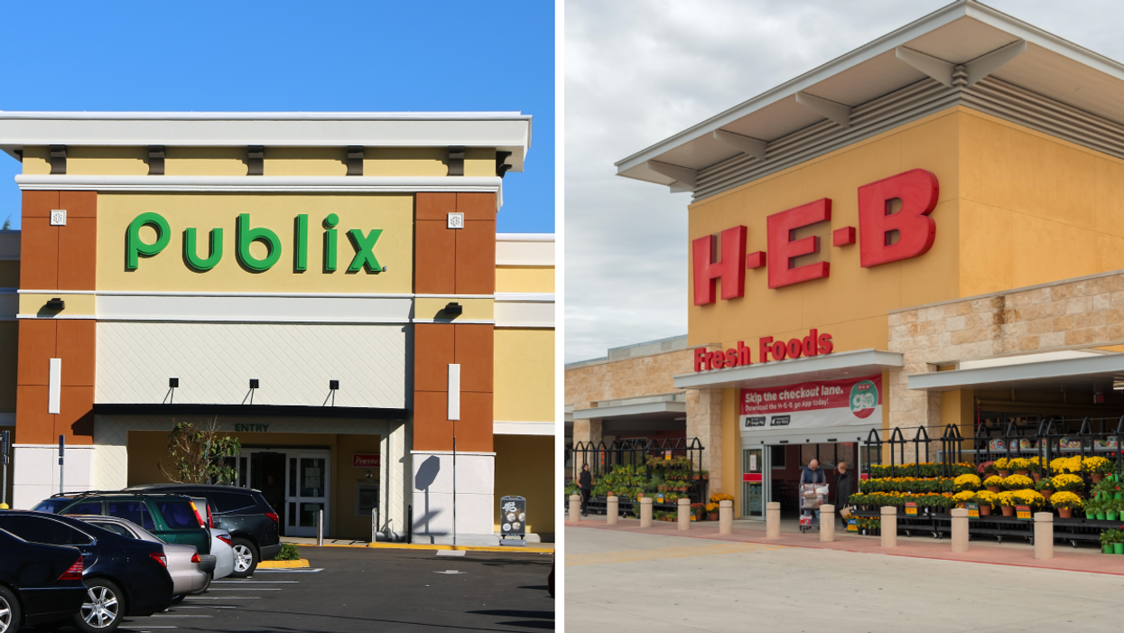 The exterior of a Publix. Right: The exterior of a H-E-B.