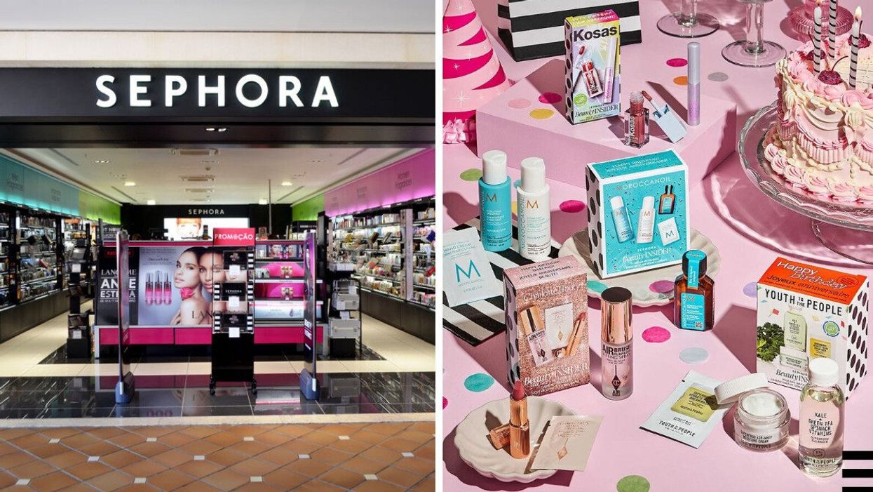 The exterior of a Sephora store. Right: Sephora makeup and beauty products.