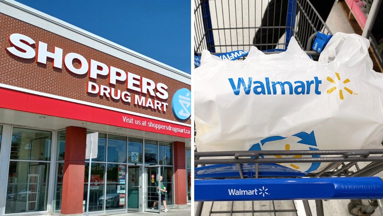 The exterior of a Shoppers Drug Mart on a clear day. Right: A white bag with Walmart written on it a Walmart shopping cart.