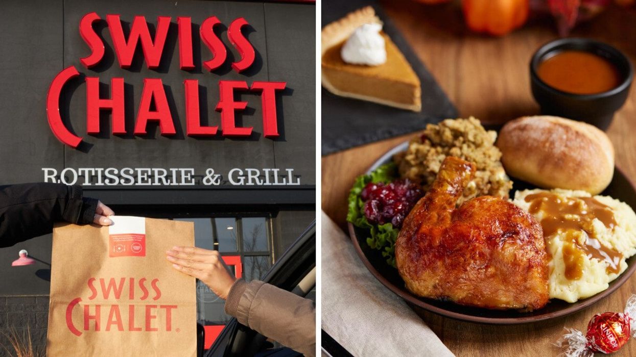 The exterior of a swiss Chalet. Right: The Swiss Chalet festive special.