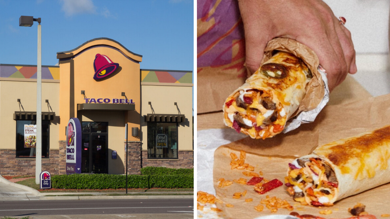 The exterior of a Taco Bell restaurant. Right: Burritos from Taco Bell.