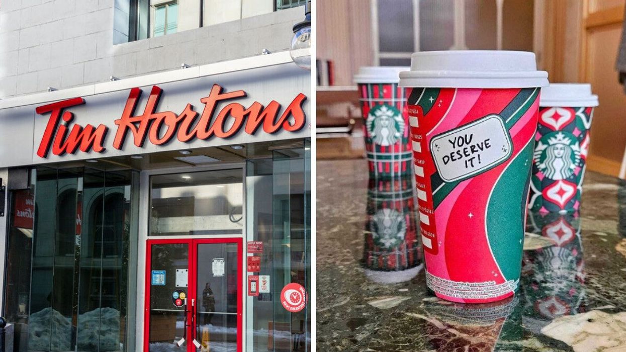 The exterior of a Tim Hortons. Right: Three holiday Starbucks cups on a marble counter.