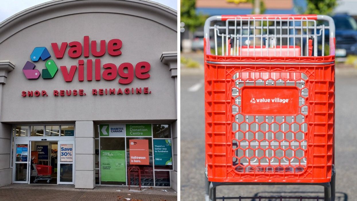 The exterior of a Value Village store in Canada. Right: An empty red Value Village shopping cart.