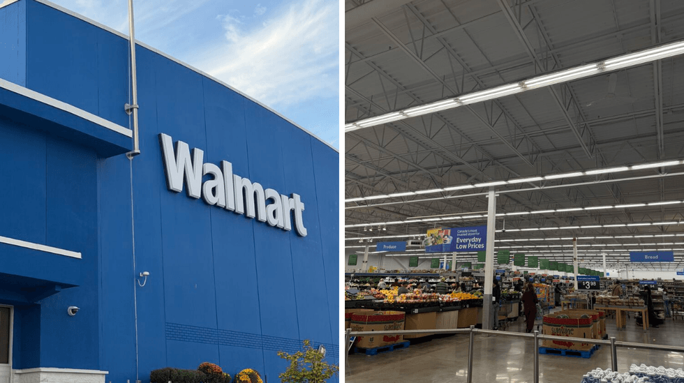 The exterior of a Walmart store in Canada. Right: The interior of a Walmart store in Canada.
