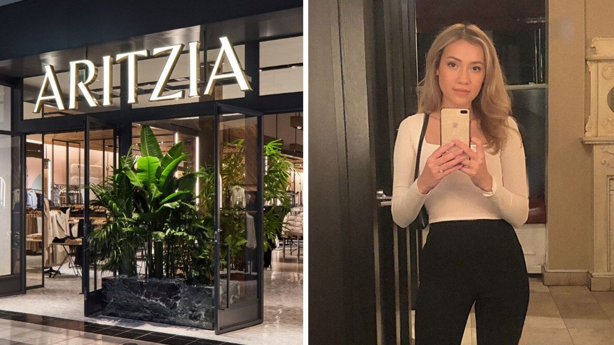 The exterior of an Aritzia store is seen in a mall with a glowing sign. Right: A woman takes a full-body selfie in a mirror.