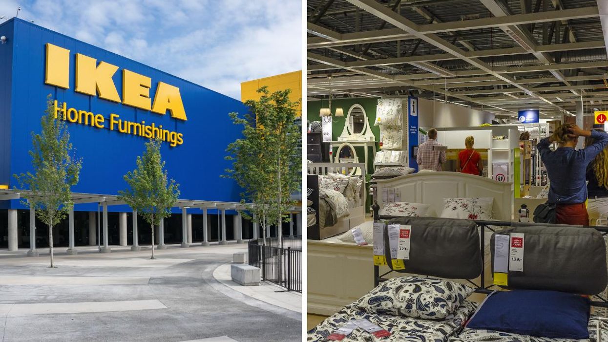 The exterior of an IKEA store in Canada. Right: Beds inside an IKEA store.