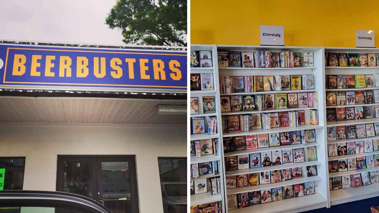 The exterior of Beerbusters Movie Bar. Right: The interior of Beerbusters Movie Bar.