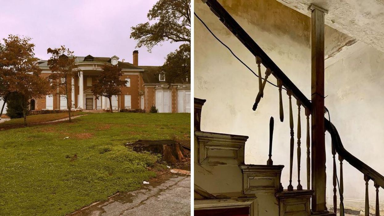 The exterior of Briarcliff Mansion. Right: The abandoned staircare inside the mansion.