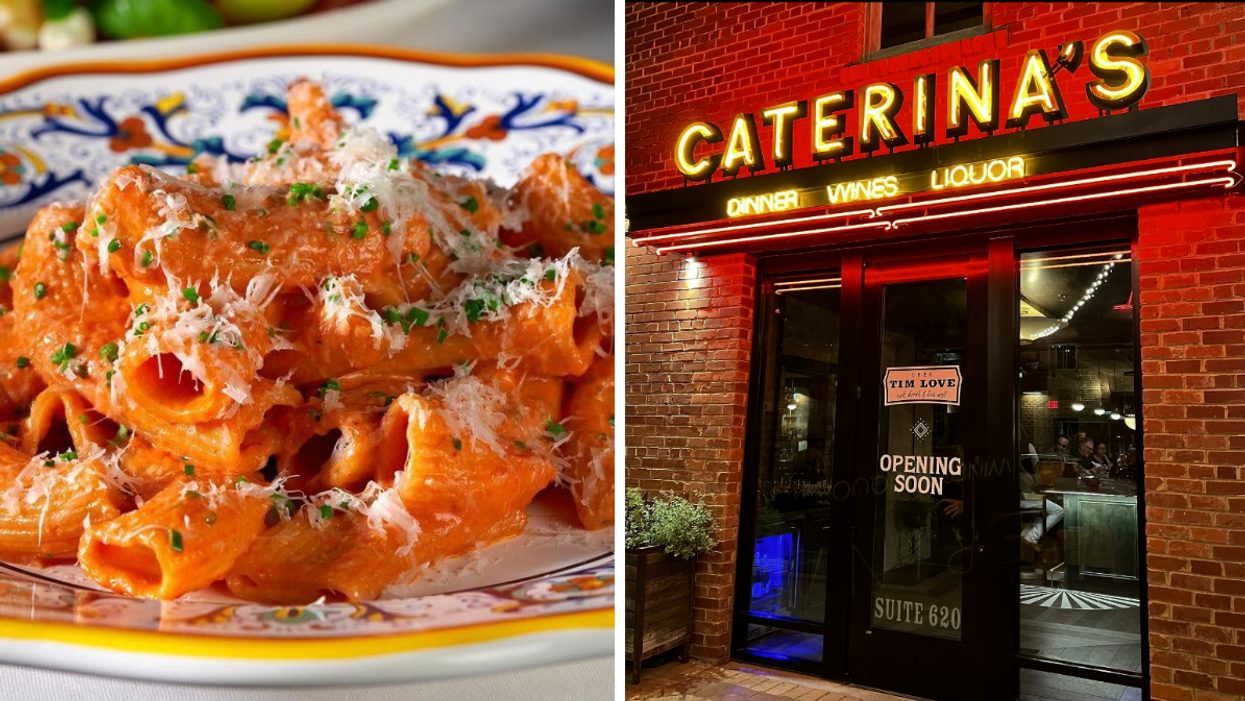 The exterior of Caterina's in the Fort Worth Stockyards. Right: the Rigatoni Alla Vodka from Caterina's.