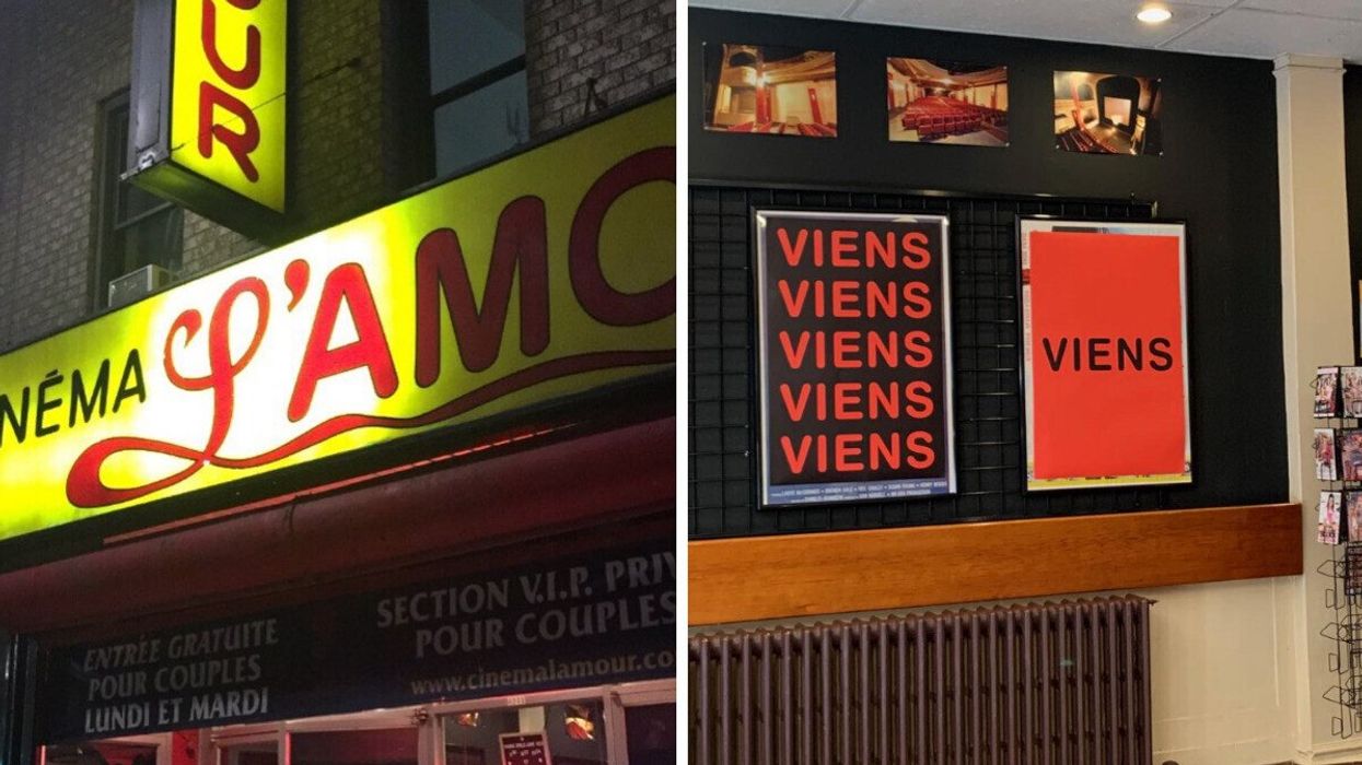 The exterior of Cinéma L'Amour. Right: The inside of Cinéma L'Amour with posters that say the French word "viens."
