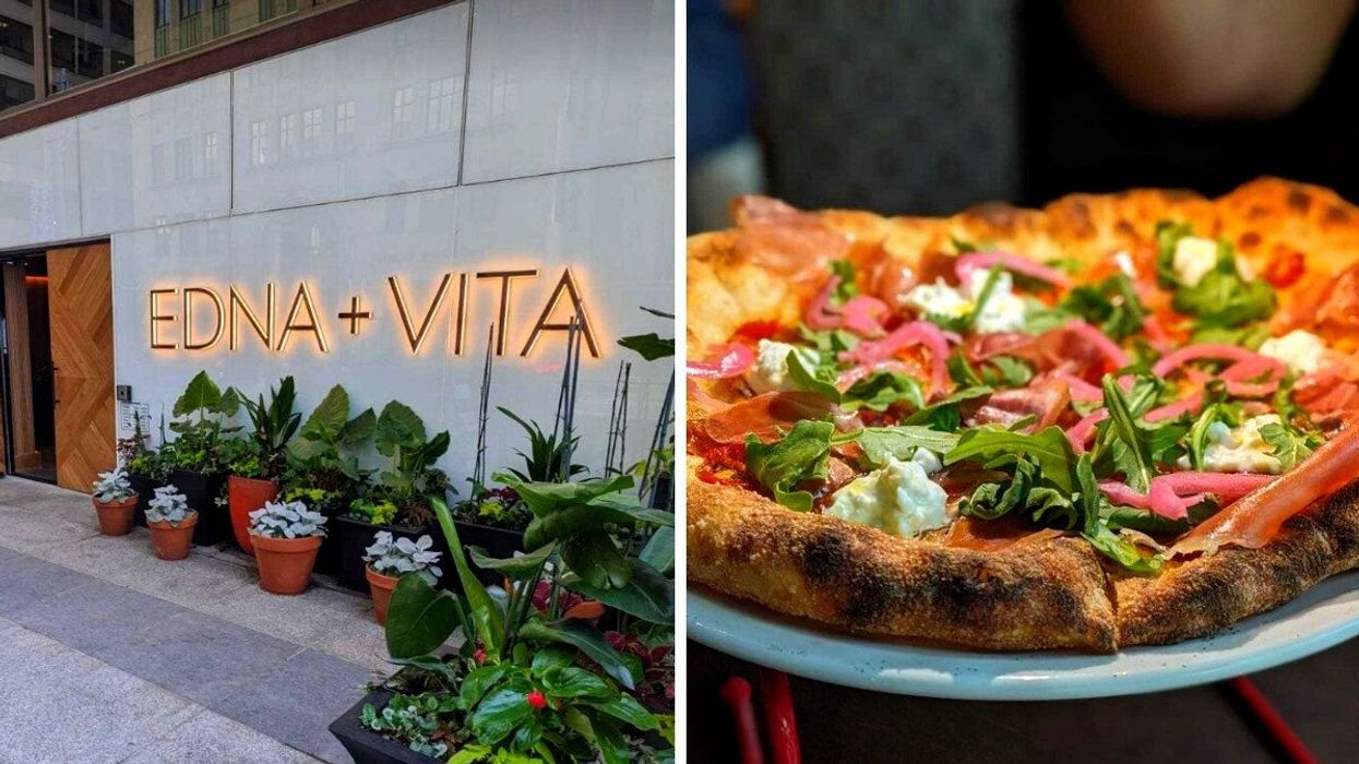 The exterior of Edna + Vita. Right: A pizza.