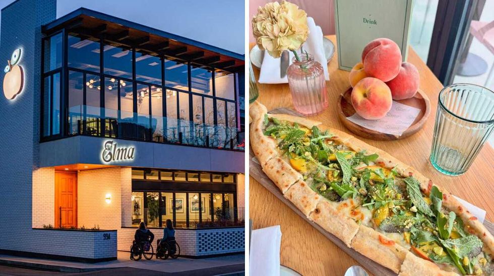 The exterior of Elma Restaurant at dusk. Right: A pide with peaches and mint leaves on a table.