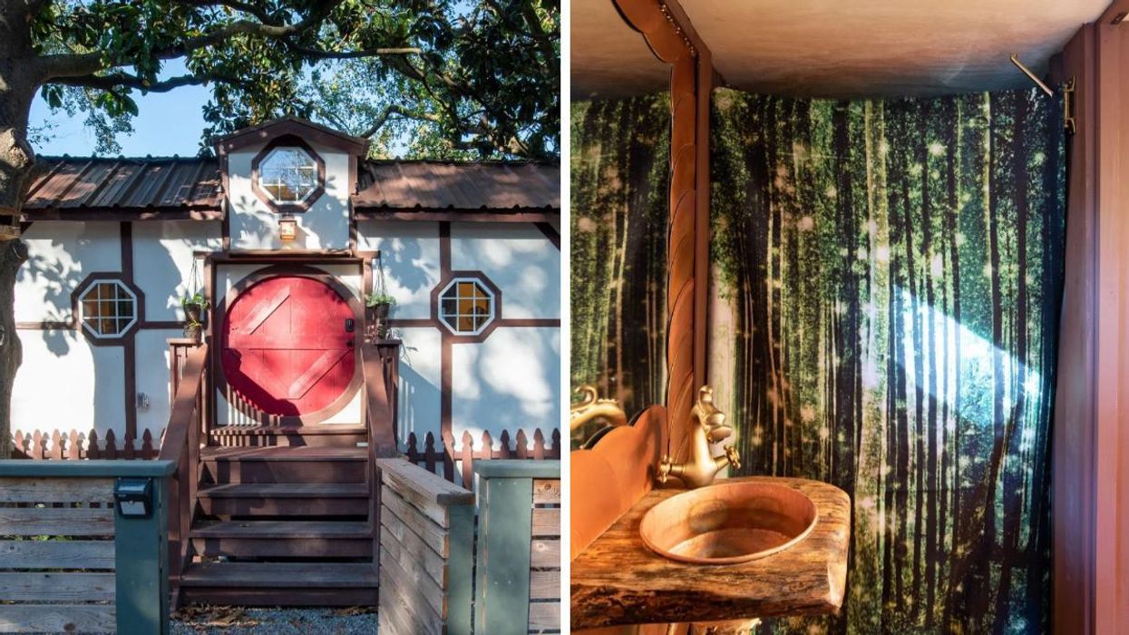 The exterior of Hobbit's Hollow tiny home. Right: The bathroom inside Hobbit's Hollow tiny home.