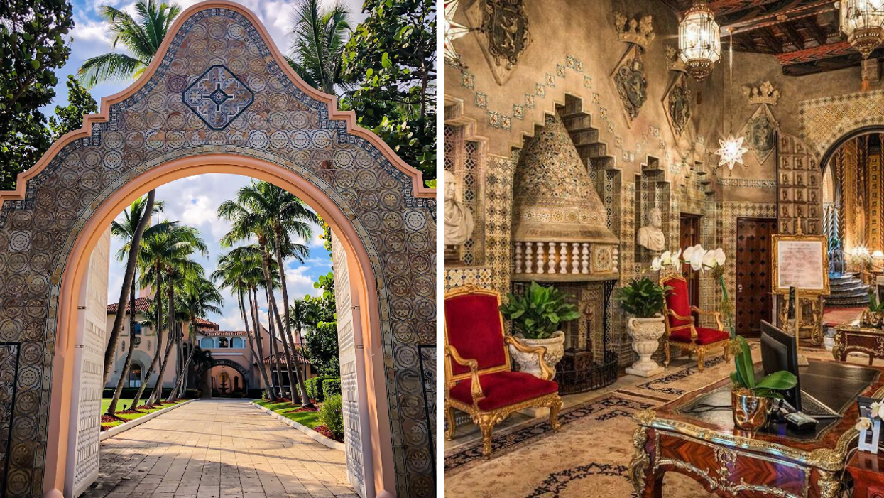 The exterior of Mar-A-Lago. Right: The interior of Mar-A-Lago.