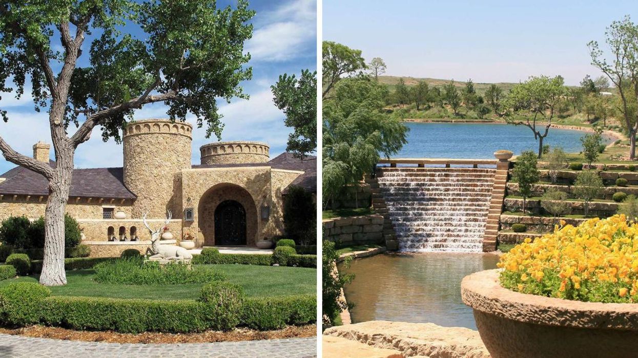 The exterior of Mesa Vista Ranch's main house. Right: One of the manmade waterfalls on the property.