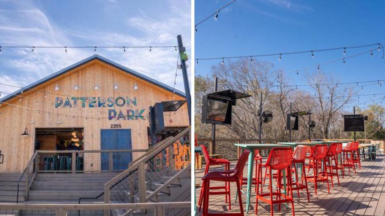 The exterior of Patterson Park. Right: One of the patios at Patterson Park.