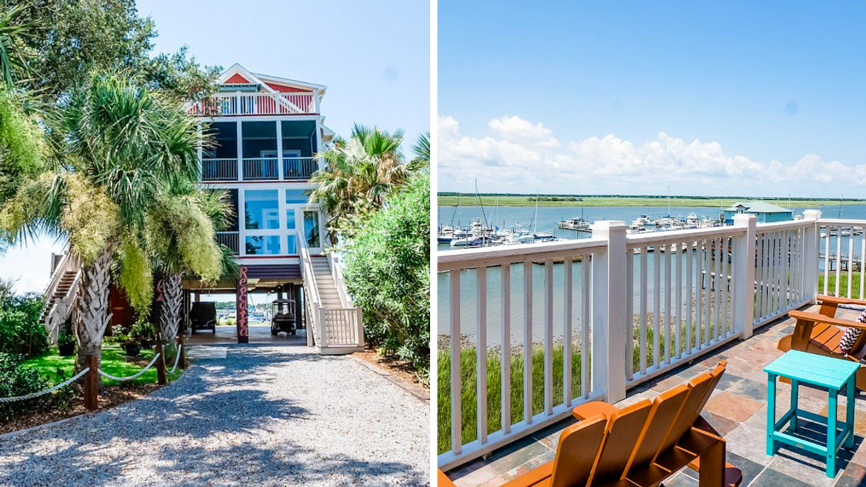 The exterior of Regatta Inn in Folly Beach, SC. Right: A balcony overlooking water at Regatta Inn.