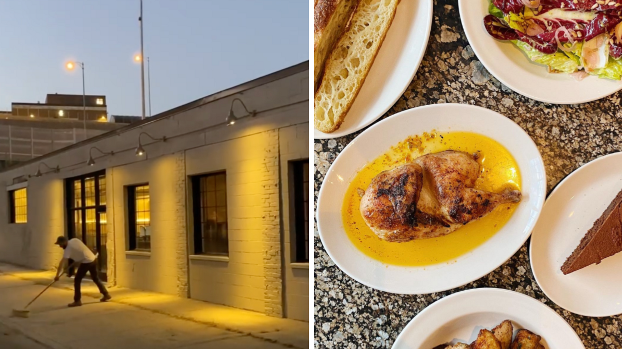 The exterior of restaurant Gia in Montreal. Right: Food served in Gia.