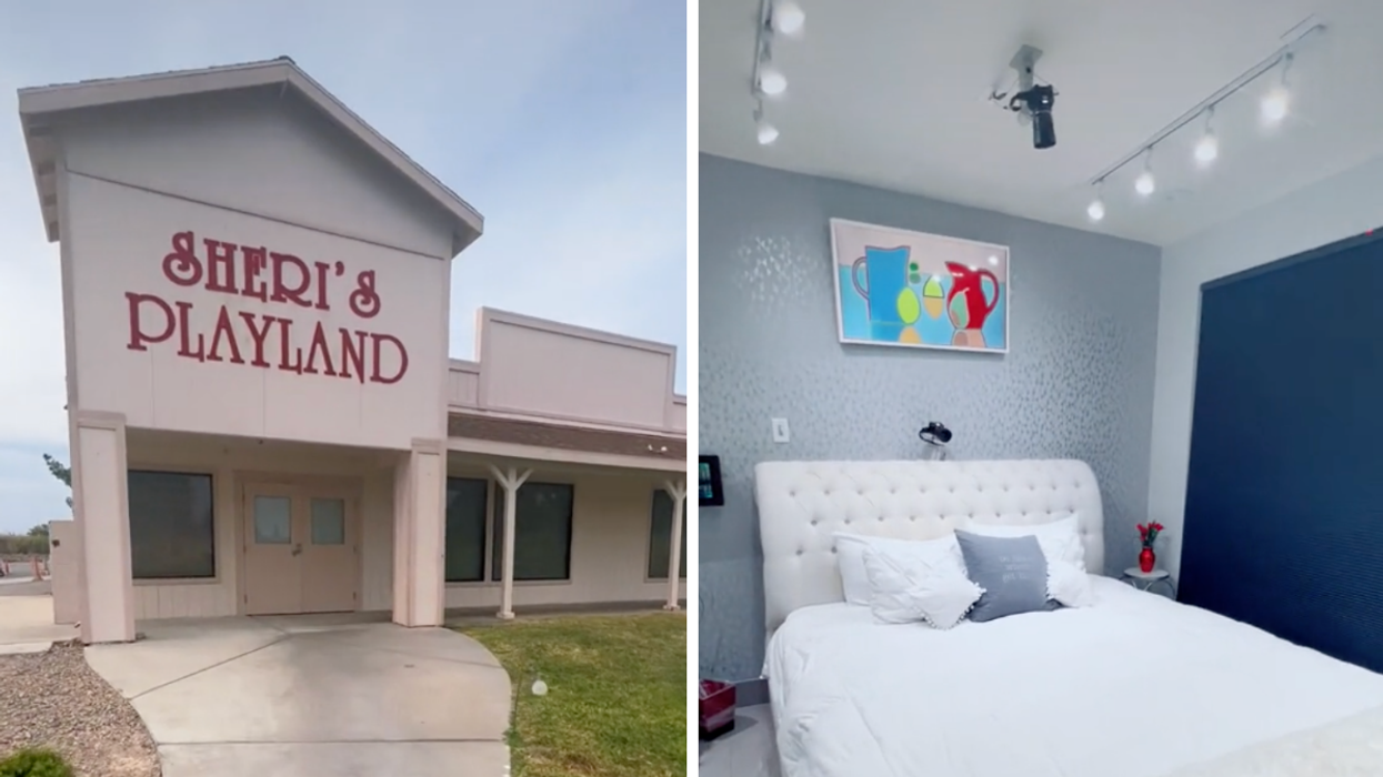 The exterior of Sheri's Playland. Right: A bedroom in Sheri's Playland with cameras.