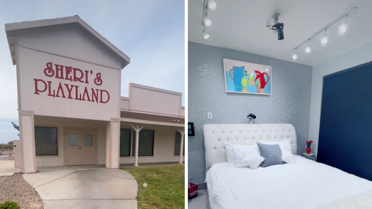 The exterior of Sheri's Playland. Right: A bedroom in Sheri's Playland with cameras.