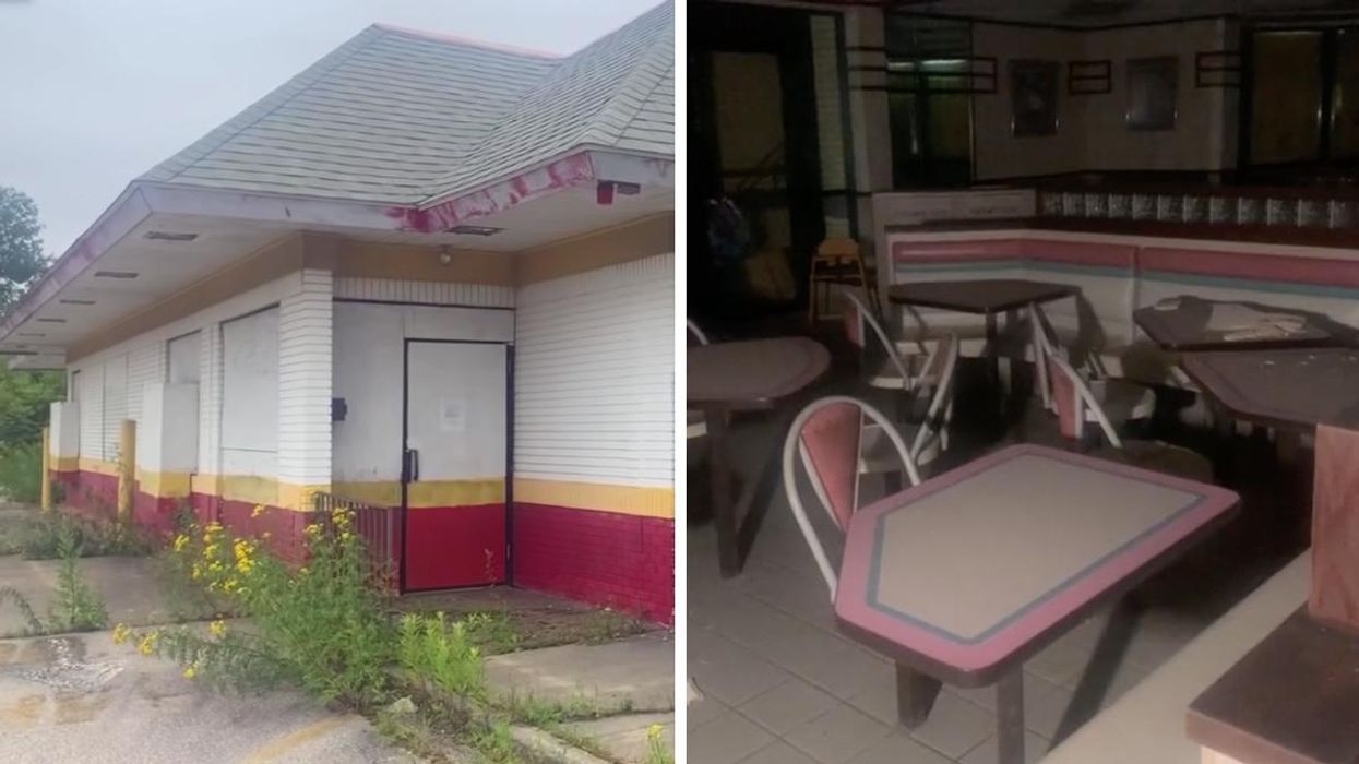 The exterior of the abandoned McDonald's. Right: The pink and blue interior of the abandoned McDonalds.
