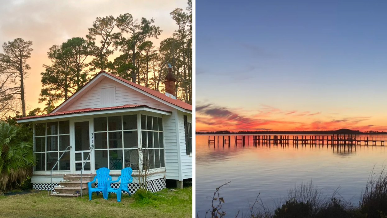 The exterior of the cottage for sale in Sealevel, NC. Right: A nearby boat dock at sunset.