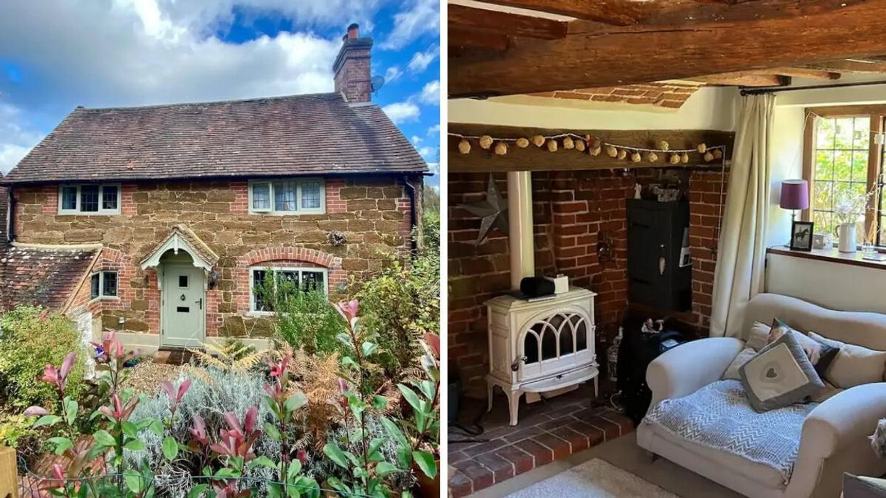 The exterior of the cottage that was featured in the film "The Holiday." Right: Cozy sitting room inside the cottage.