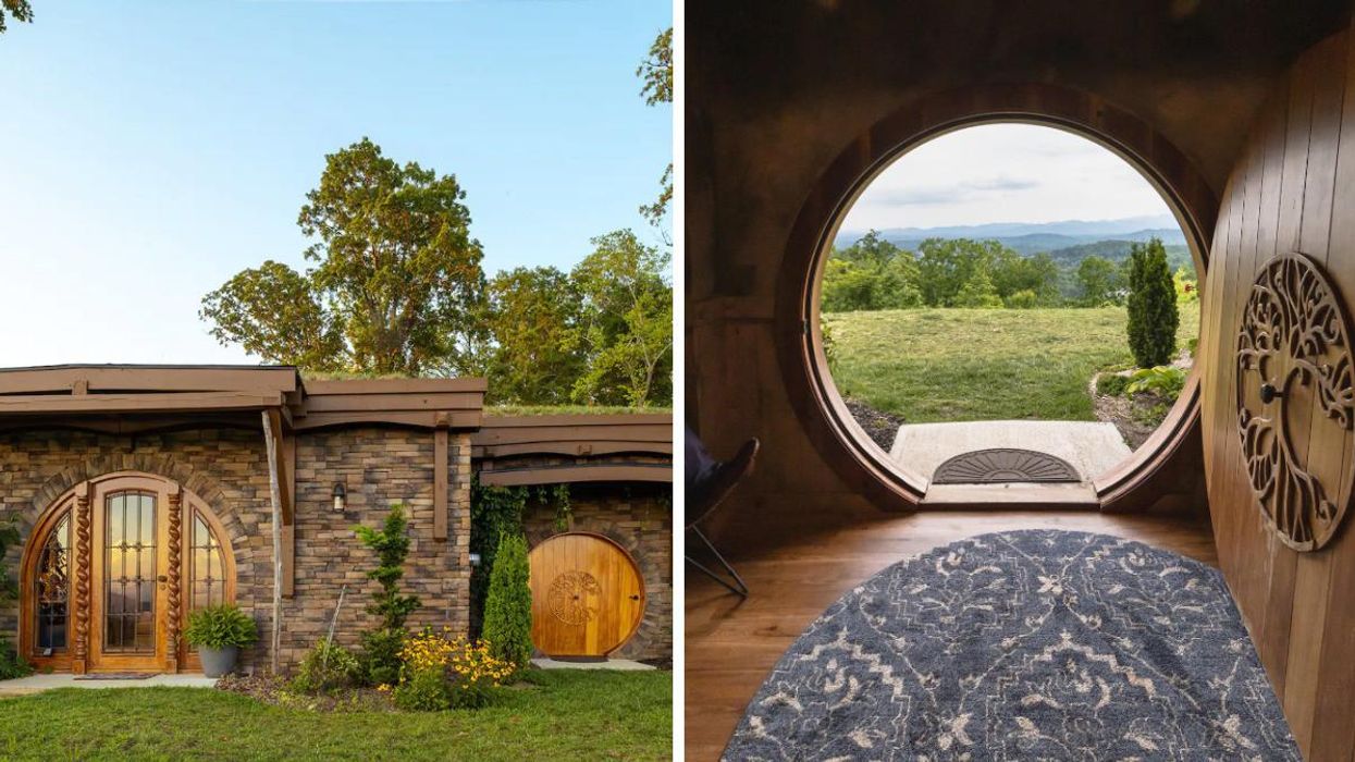The exterior of the Dragon's Knoll Airbnb. Right: The view from inside looking at the mountains.