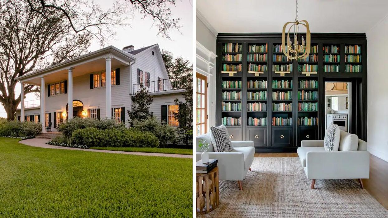 The exterior of the historic Hillcrest Estate. Right: The bookcase and study of the Hillcrest Estate.