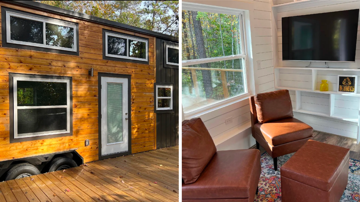 The exterior of the modern tiny home in Warrior, AL. Right: The living room inside the modern tiny home in Warrior, AL.