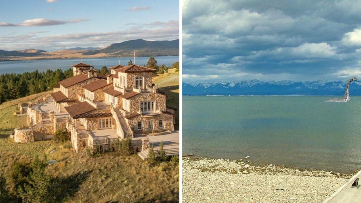 The exterior of the 'Monster Mansion' on Cromwell Island. Right: An edited image of the Flathead Lake Monster.