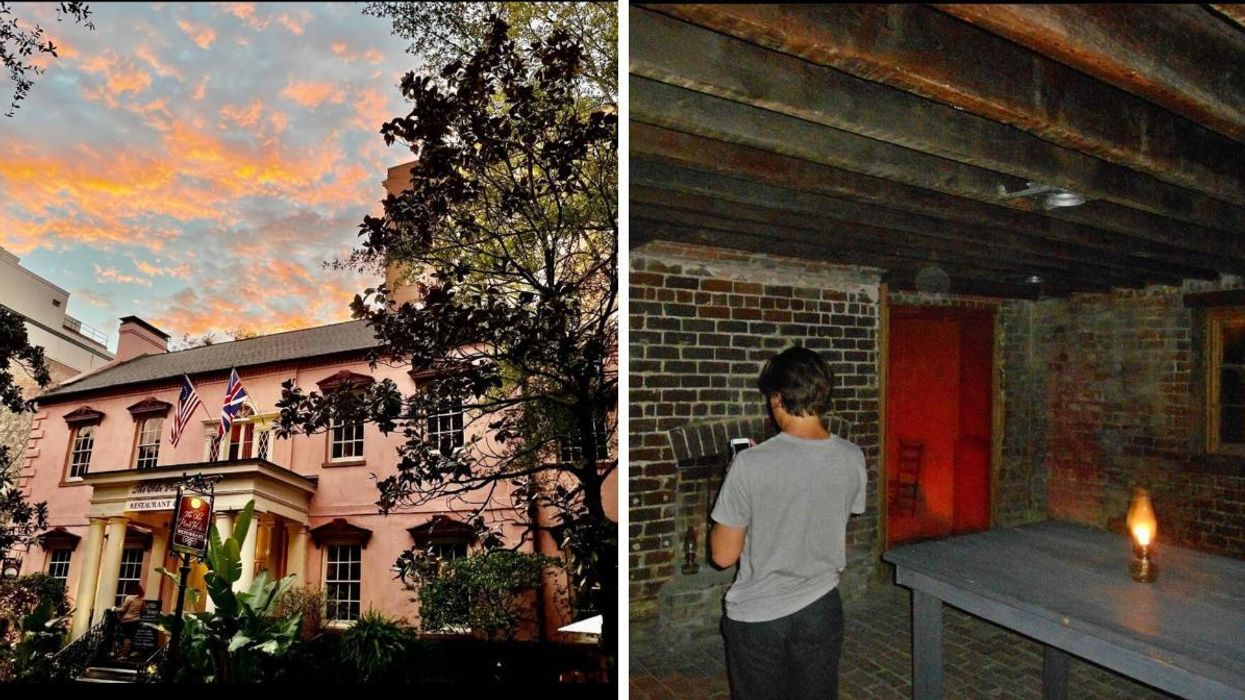 The exterior of The Olde Pink House at dusk. Right: The inside of the Sorrel Weed House.