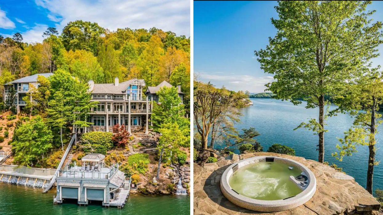The exterior of the Parabulls Point Airbnb. Right: The hot tub at the Parabulls Point Airbnb overlooking Lake Lure.
