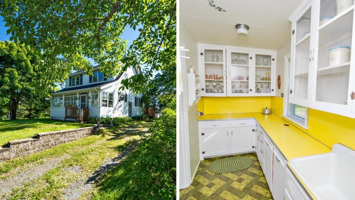 The exterior of the property. Right: The yellow kitchen.