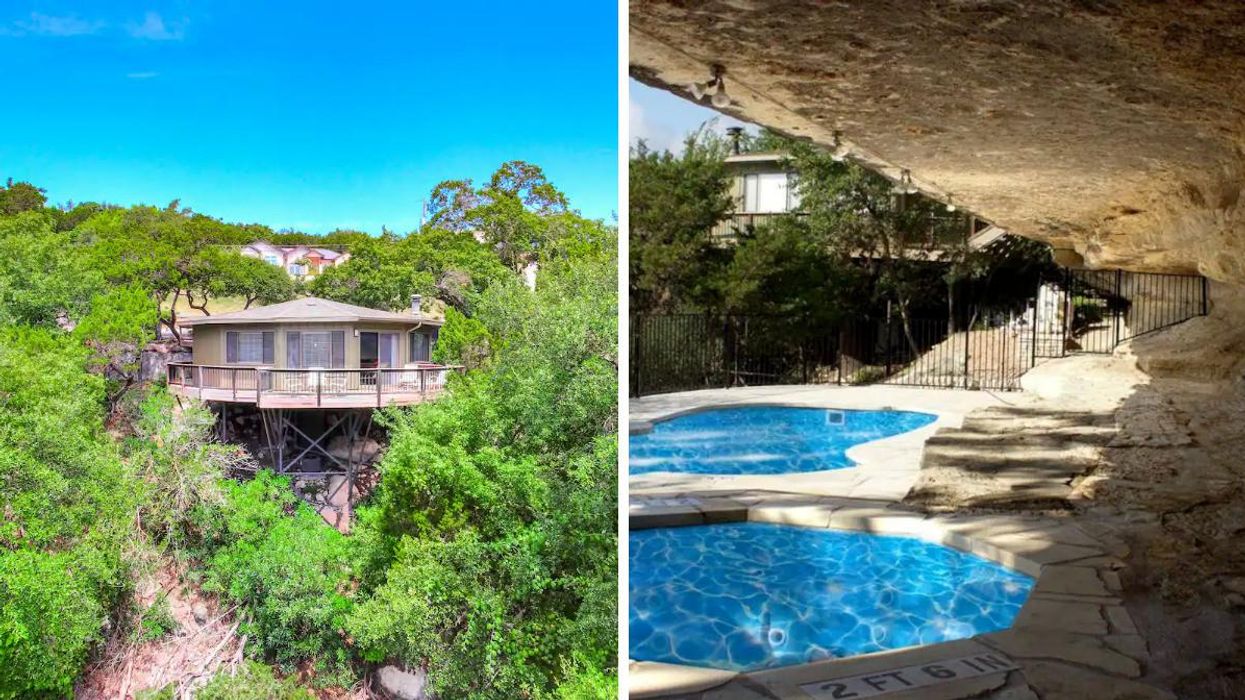 The exterior of The Treehouse On Lake Travis. Right: The pool and jacuzzi area at the exterior of The Treehouse On Lake Travis.