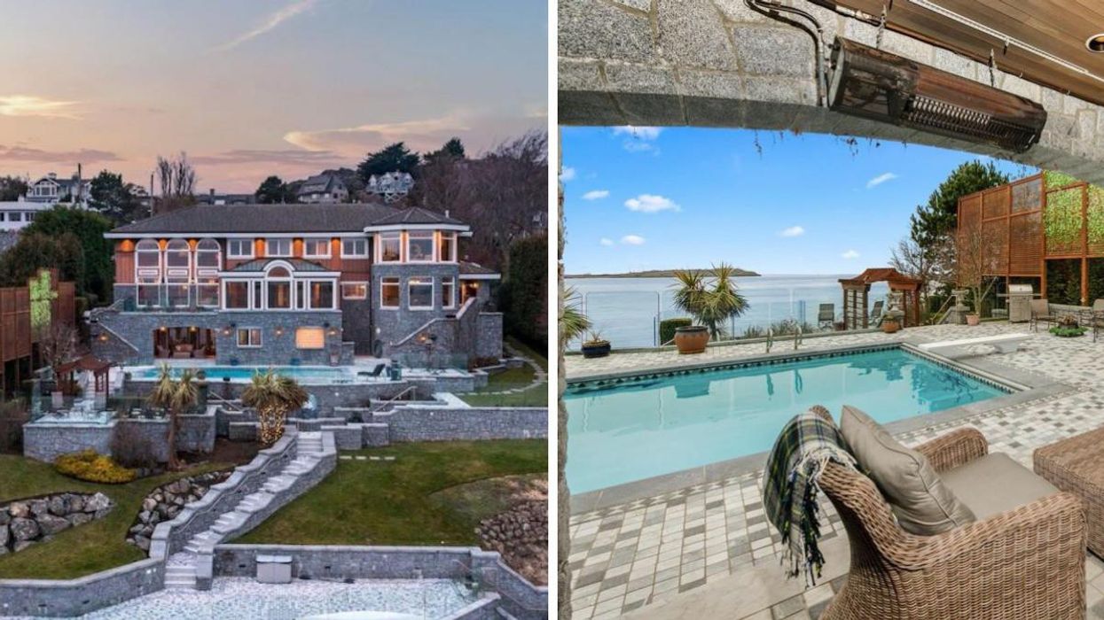 The exterior of the waterfront mansion in Victoria, BC. Right: The view of the ocean from the outdoor deck.