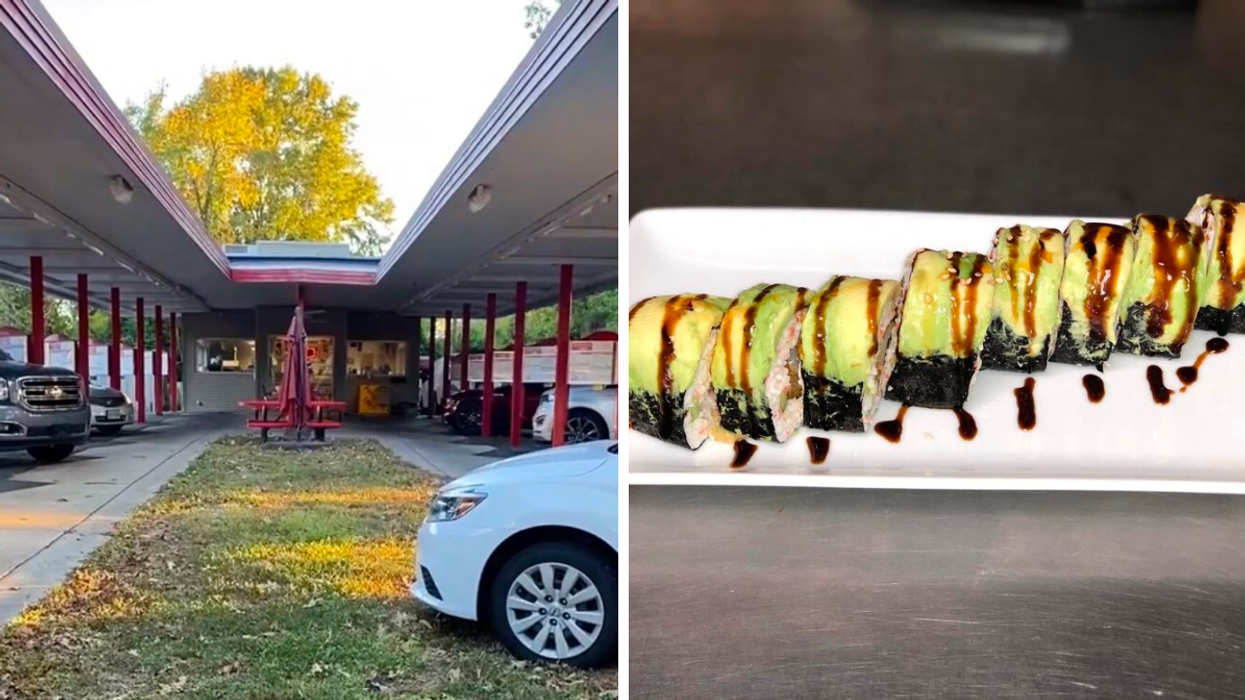 The exterior of Yummy Sushi in Minden, LA. Right: A sushi roll from Yummy Sushi.