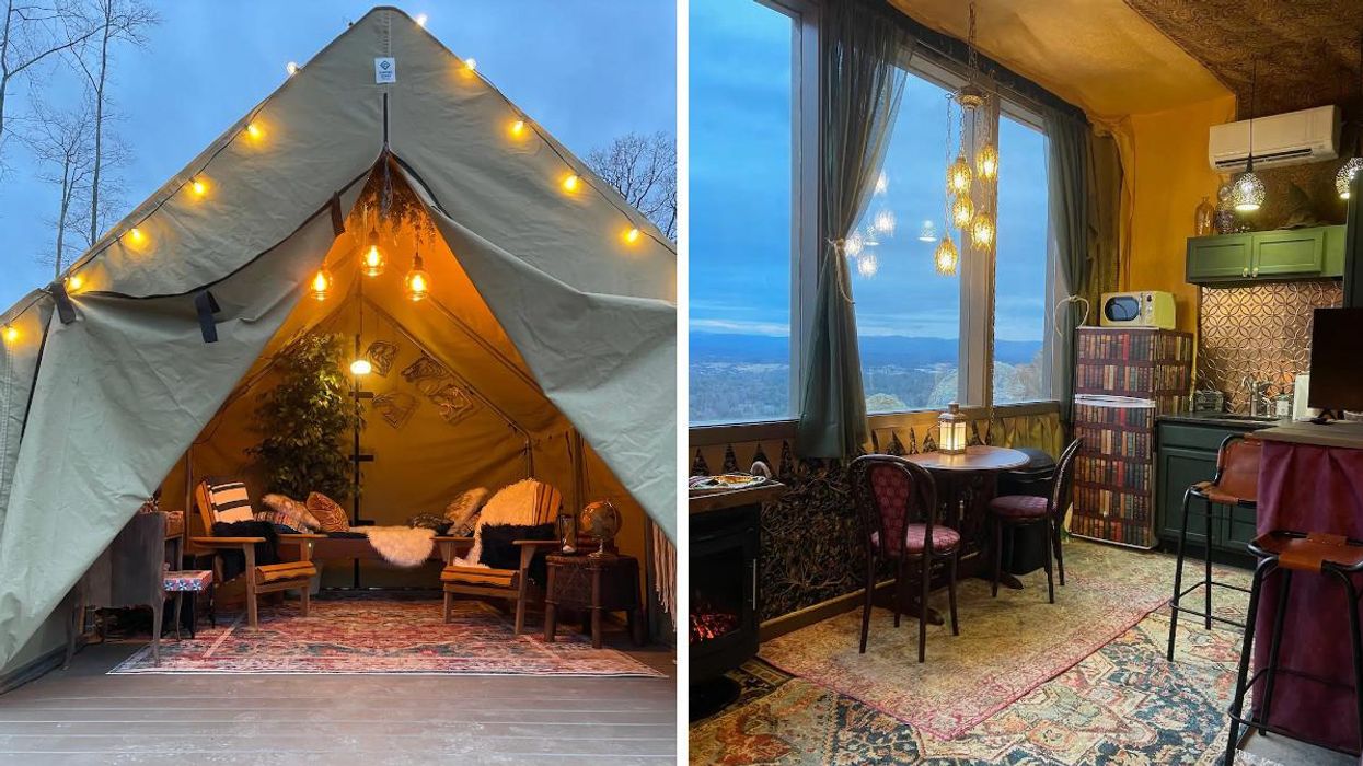 The exterior tent of Alchemy Treehouse of Serenity. Right: The indoor kitchen of the Airbnb.