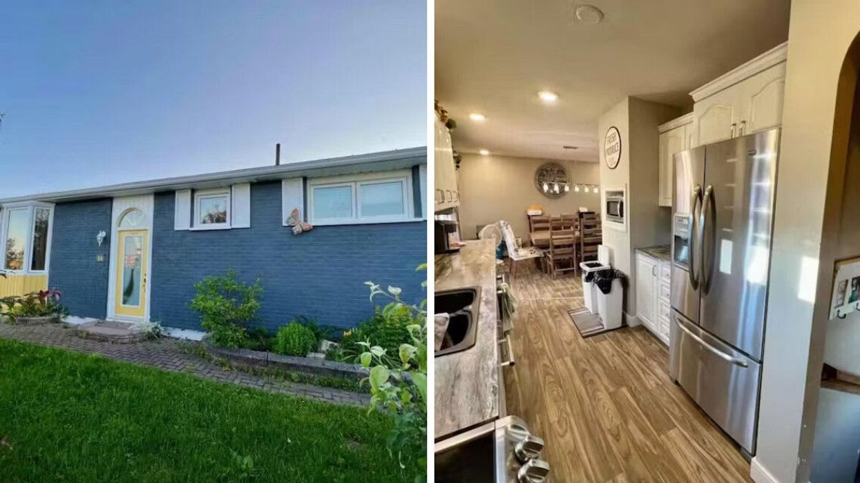 The exterior view of Toronto's cheapest home for sale. Right: The kitchen and dining room.
