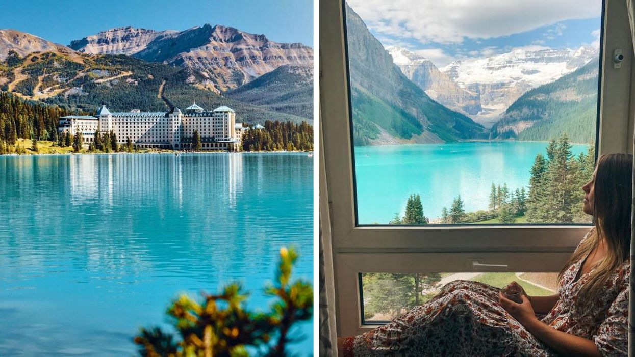The Fairmont Chateau Lake Louise. Right: The view of Lake Louise from the hotel.