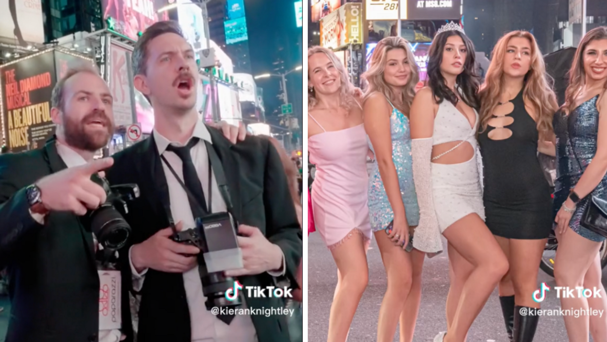The fake paparazzi hired. Right: The birthday girl and her friends posing in Times Square.