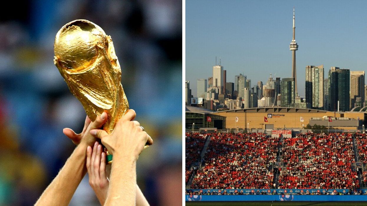 The FIFA World Cup trophy is being lifted. Right: BMO Field with CN Tower in the background.