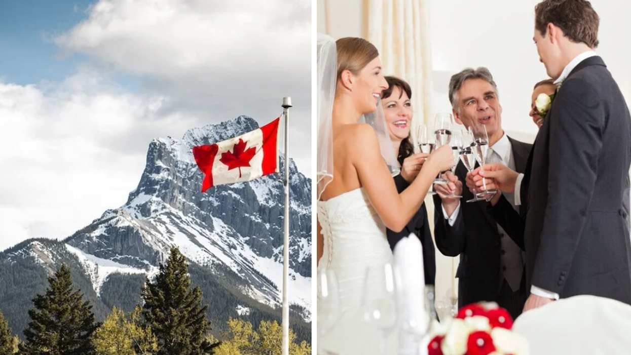 The flag of Canada with snow-covered mountains in the background. Right: A bride and groom talking to their wedding guests