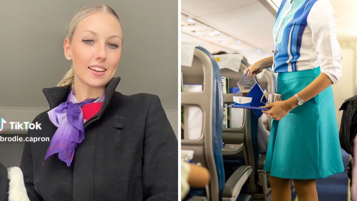 The flight attendant in her TikTok video. Right: A flight attendant serving a drink to an airline passenger.