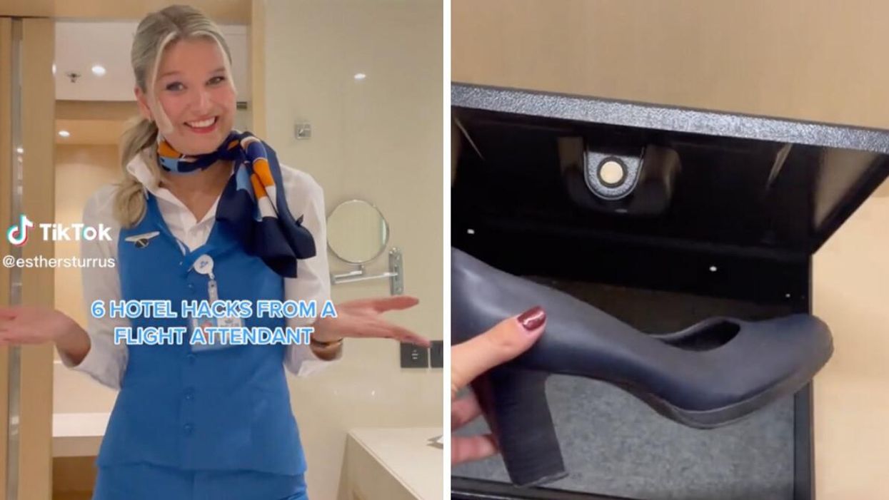 The flight attendant in her TikTok video. Right: The flight attendant putting her shoe in a hotel safe.