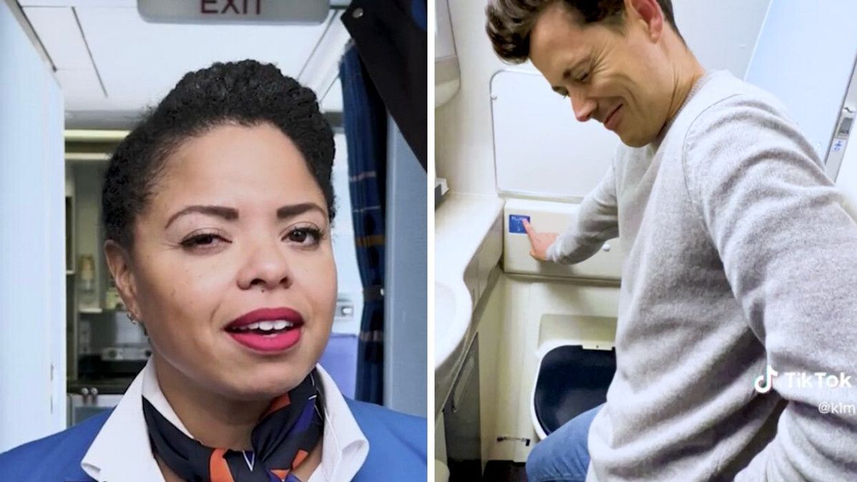 The flight attendant in the TikTok video. Right: A person flushing the toilet on a plane.