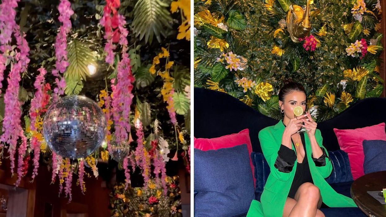 The flower ceiling with a hanging disco ball. Right: A woman in a green jacket sips a cocktail in front of a flower wall.