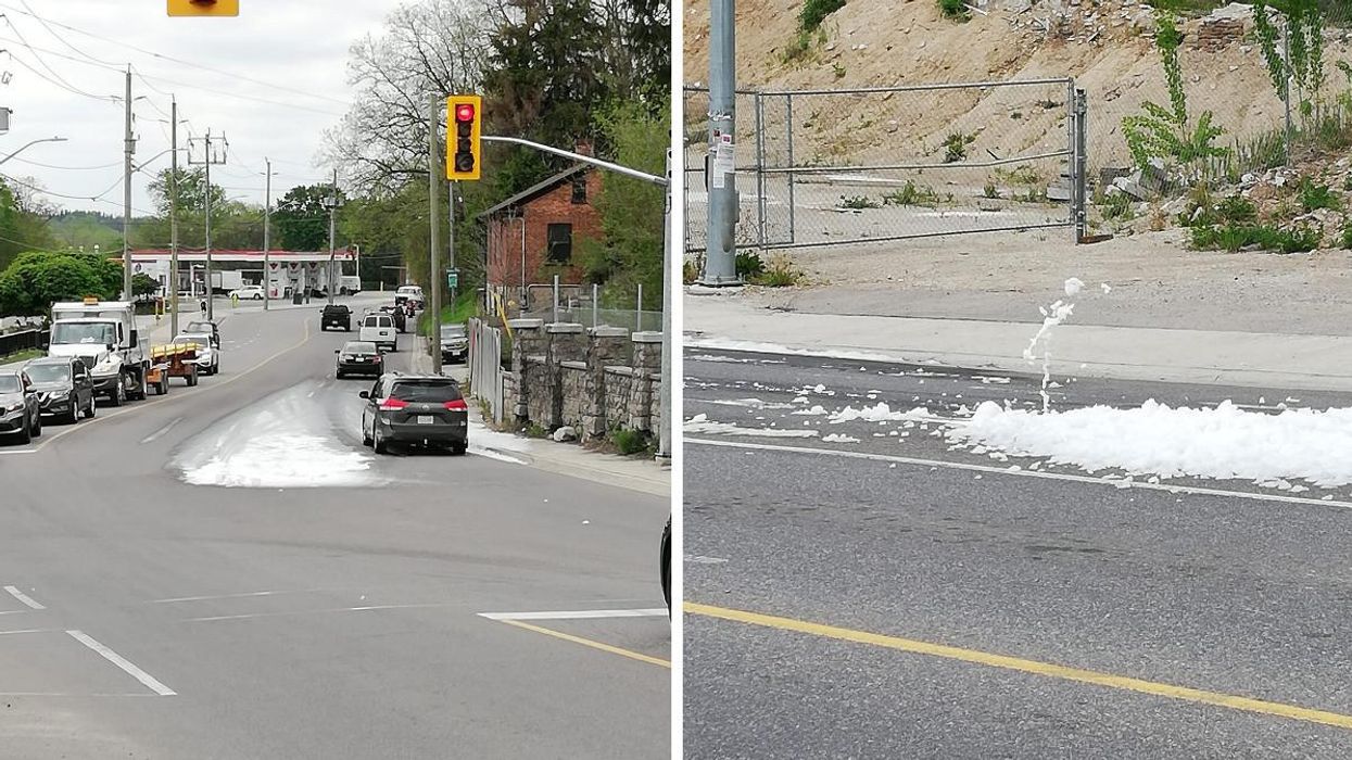 The foam in the street. Right: Another angle of the foam.